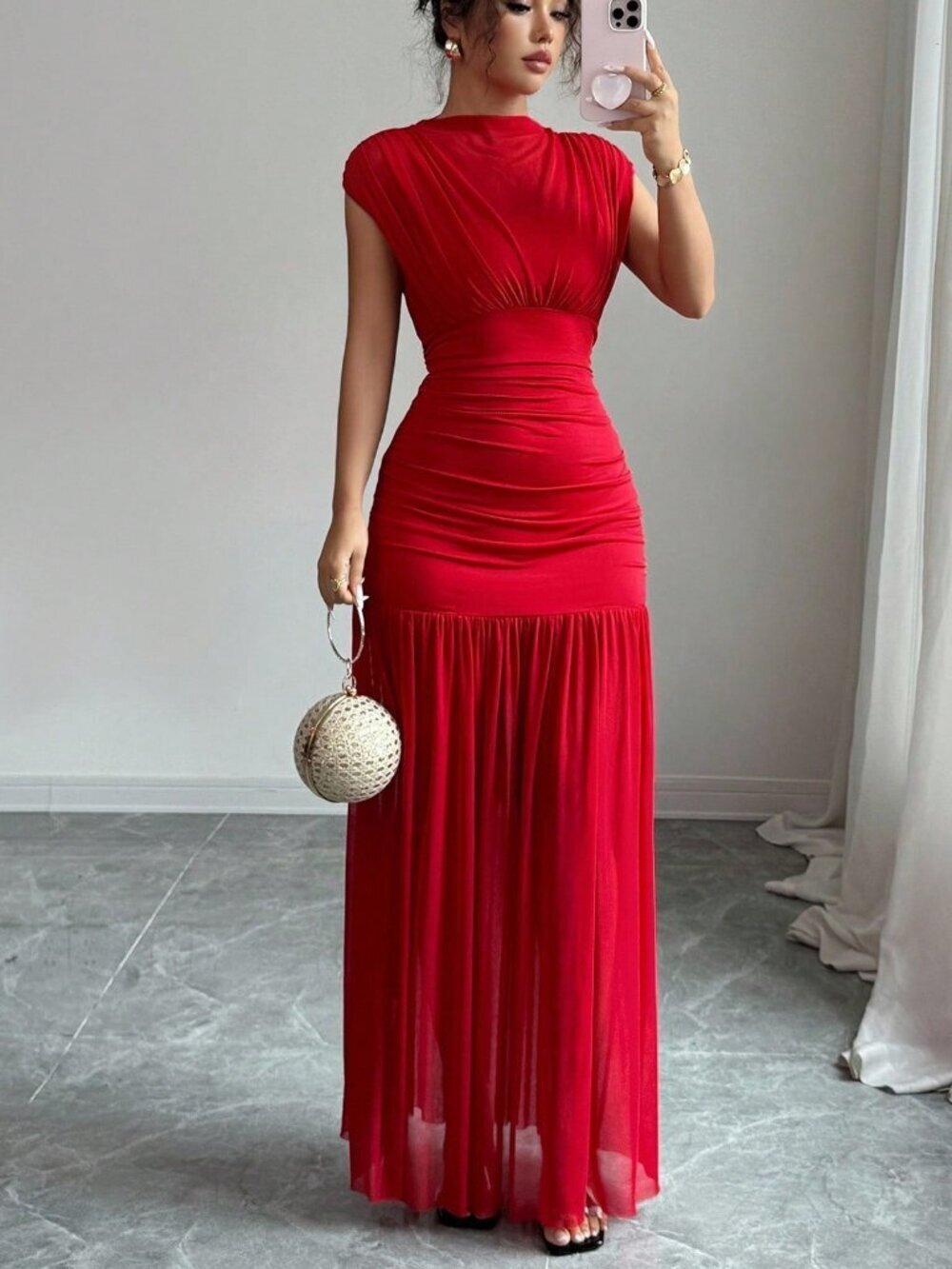 Red Elegant Women's Sleeveless Hollow-Out Mesh Pleated A-Line Party Maxi Dress